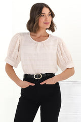 Murie Blouse - Crew Neck Checkered Texture Top with Short Sleeves in Cream