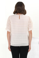 Murie Blouse - Crew Neck Checkered Texture Top with Short Sleeves in Cream