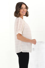 Murie Blouse - Crew Neck Checkered Texture Top with Short Sleeves in Cream