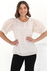 Murie Blouse - Crew Neck Checkered Texture Top with Short Sleeves in Cream