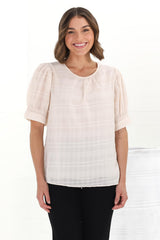 Murie Blouse - Crew Neck Checkered Texture Top with Short Sleeves in Cream