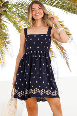 Muriel Mini Dress - Square Neck Embroidered Floral Dress with Adjustable Straps in Navy