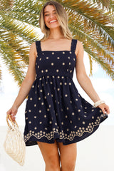 Muriel Mini Dress - Square Neck Embroidered Floral Dress with Adjustable Straps in Navy