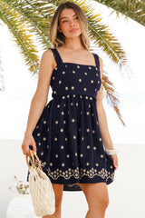 Muriel Mini Dress - Square Neck Embroidered Floral Dress with Adjustable Straps in Navy