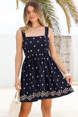 Muriel Mini Dress - Square Neck Embroidered Floral Dress with Adjustable Straps in Navy