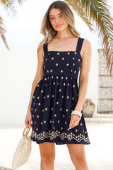 Muriel Mini Dress - Square Neck Embroidered Floral Dress with Adjustable Straps in Navy