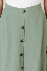 Murphy Midi Skirt - High Waisted Button Decal A-Line Skirt in Sage