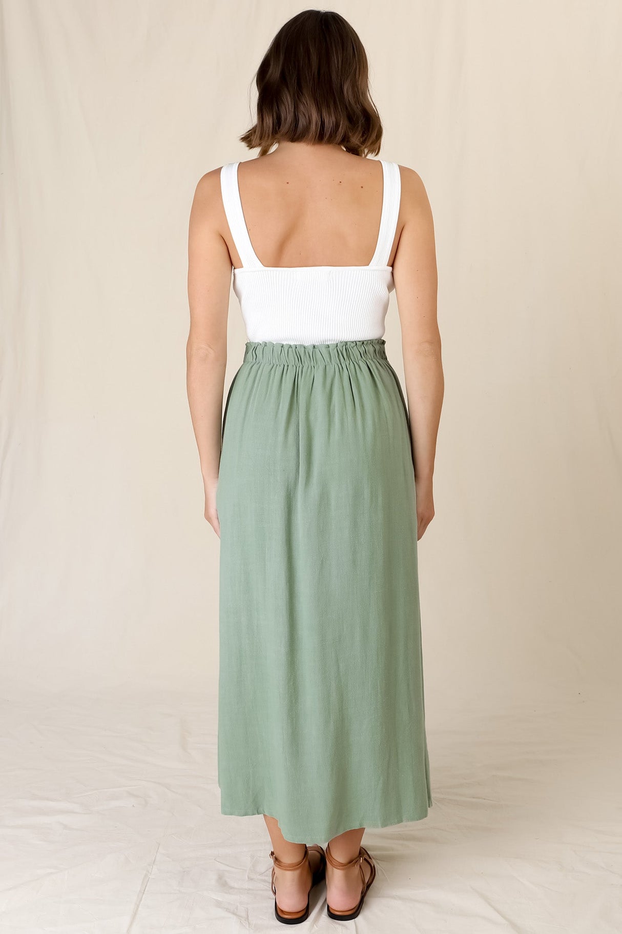 Murphy Midi Skirt - High Waisted Button Decal A-Line Skirt in Sage