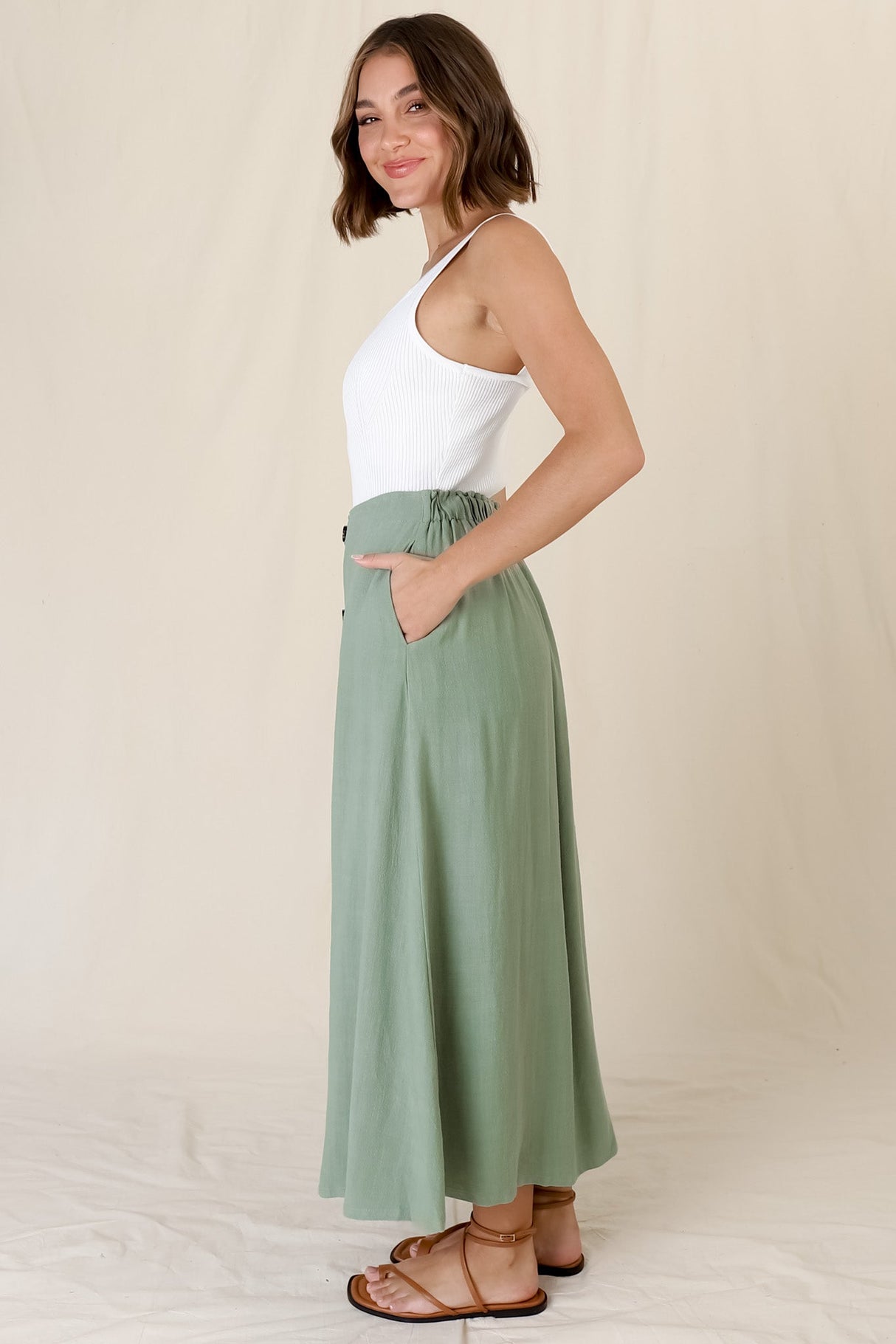 Murphy Midi Skirt - High Waisted Button Decal A-Line Skirt in Sage