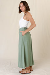 Murphy Midi Skirt - High Waisted Button Decal A-Line Skirt in Sage