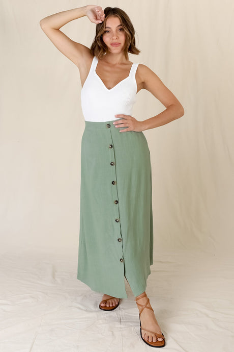 Murphy Midi Skirt - High Waisted Button Decal A-Line Skirt in Sage