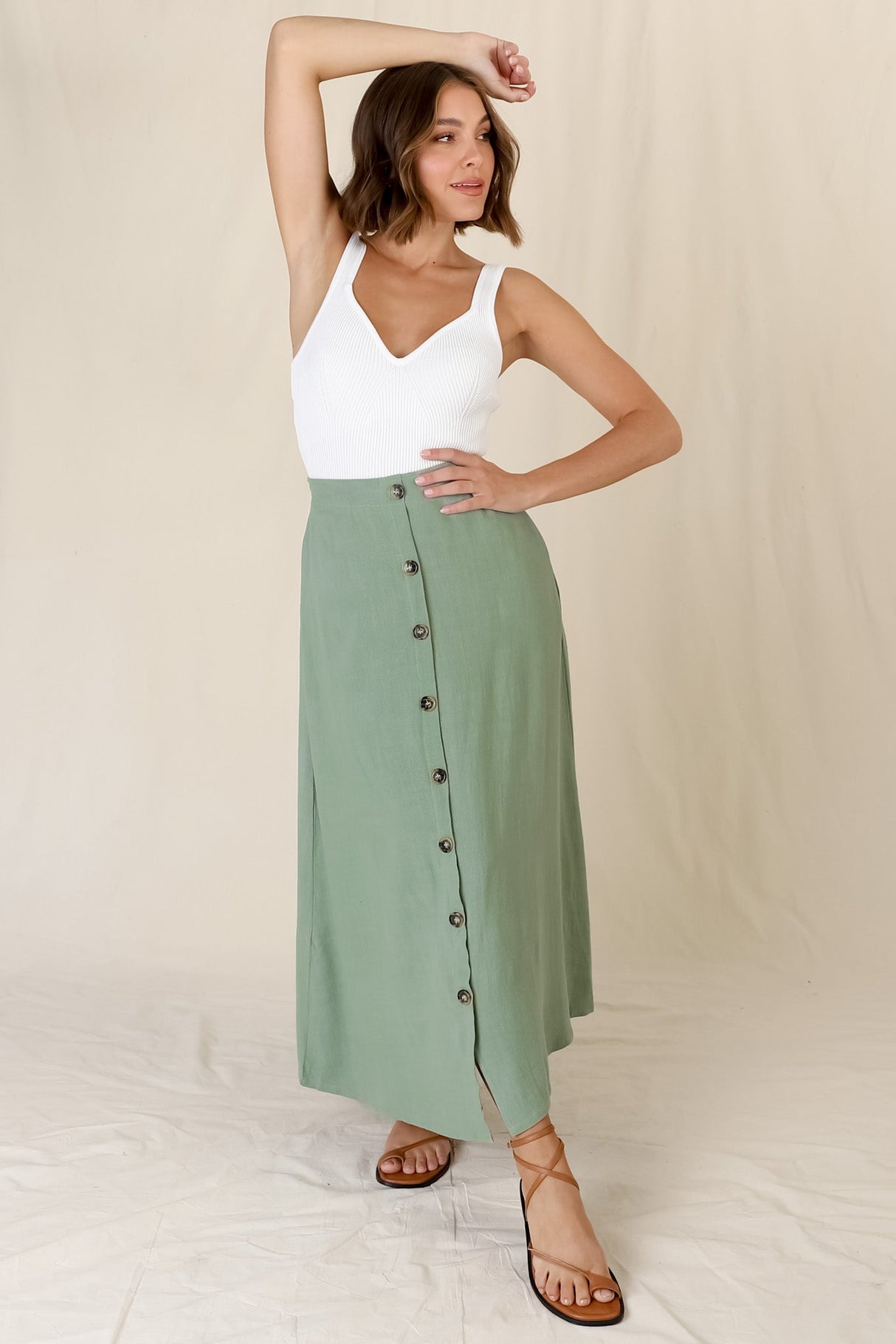 Murphy Midi Skirt - High Waisted Button Decal A-Line Skirt in Sage