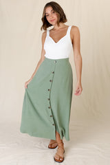 Murphy Midi Skirt - High Waisted Button Decal A-Line Skirt in Sage