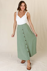 Murphy Midi Skirt - High Waisted Button Decal A-Line Skirt in Sage