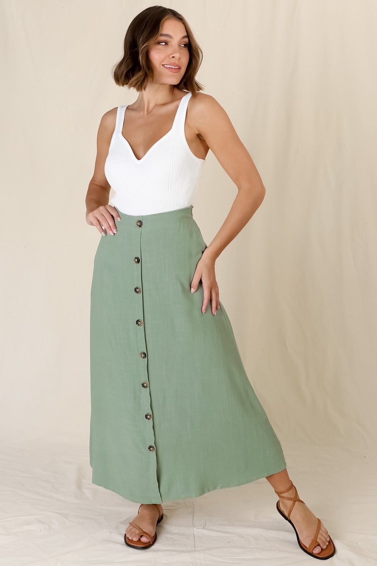 Murphy Midi Skirt - High Waisted Button Decal A-Line Skirt in Sage