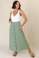 Murphy Midi Skirt - High Waisted Button Decal A-Line Skirt in Sage