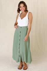 Murphy Midi Skirt - High Waisted Button Decal A-Line Skirt in Sage