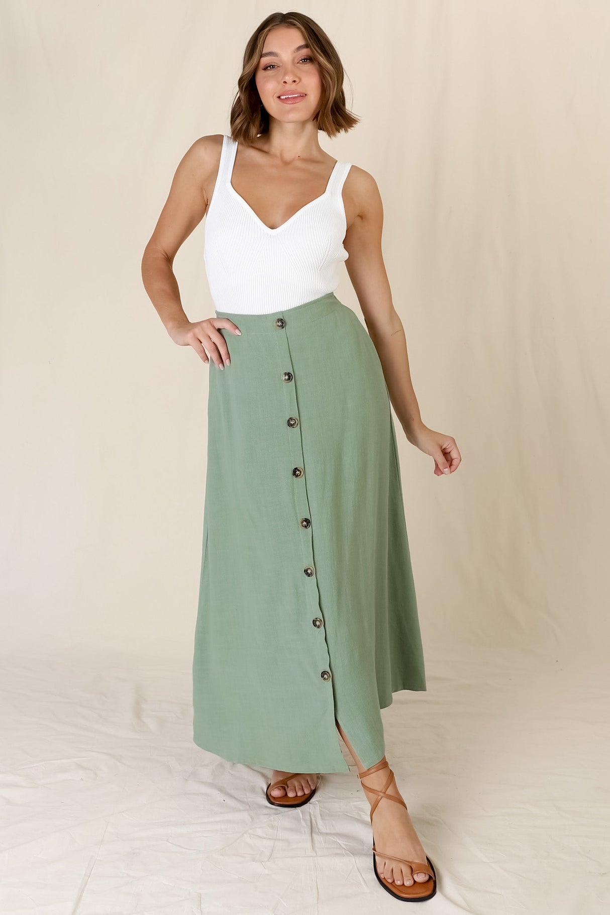Murphy Midi Skirt - High Waisted Button Decal A-Line Skirt in Sage
