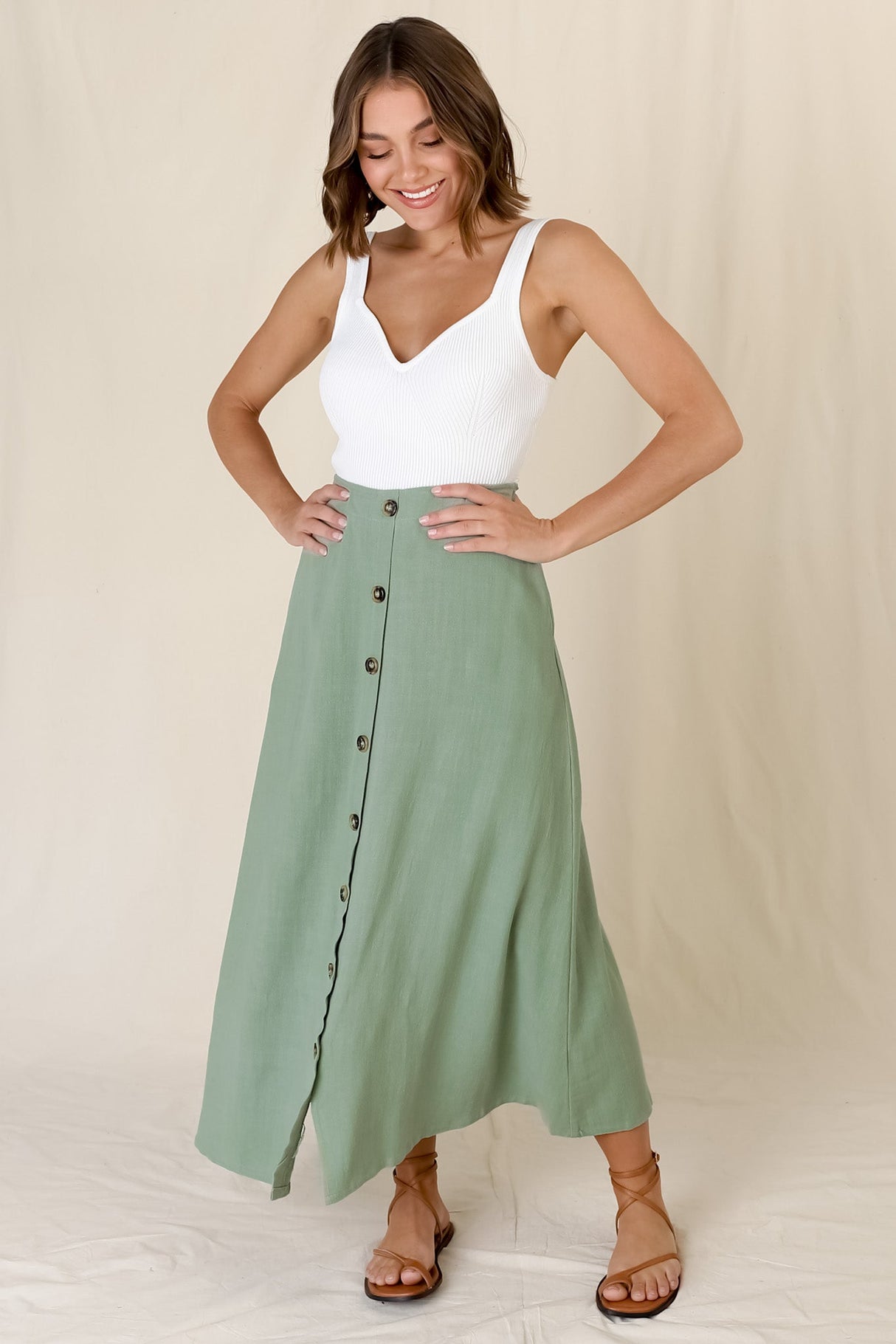 Murphy Midi Skirt - High Waisted Button Decal A-Line Skirt in Sage