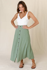 Murphy Midi Skirt - High Waisted Button Decal A-Line Skirt in Sage