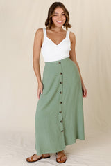 Murphy Midi Skirt - High Waisted Button Decal A-Line Skirt in Sage