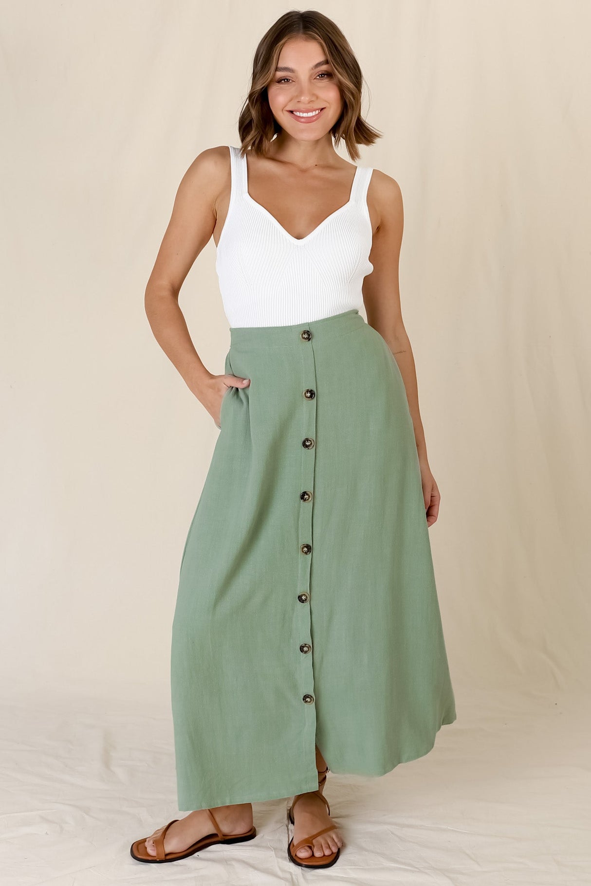 Murphy Midi Skirt - High Waisted Button Decal A-Line Skirt in Sage