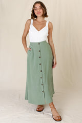Murphy Midi Skirt - High Waisted Button Decal A-Line Skirt in Sage