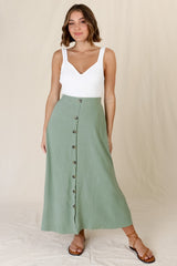 Murphy Midi Skirt - High Waisted Button Decal A-Line Skirt in Sage