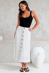 Murphy Midi Skirt - High Waisted Button Decal A-Line Skirt in White