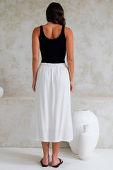 Murphy Midi Skirt - High Waisted Button Decal A-Line Skirt in White