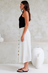 Murphy Midi Skirt - High Waisted Button Decal A-Line Skirt in White