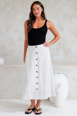 Murphy Midi Skirt - High Waisted Button Decal A-Line Skirt in White
