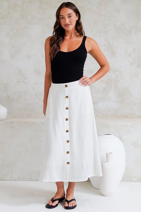 Murphy Midi Skirt - High Waisted Button Decal A-Line Skirt in White