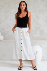 Murphy Midi Skirt - High Waisted Button Decal A-Line Skirt in White