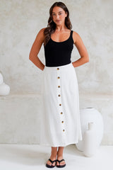 Murphy Midi Skirt - High Waisted Button Decal A-Line Skirt in White