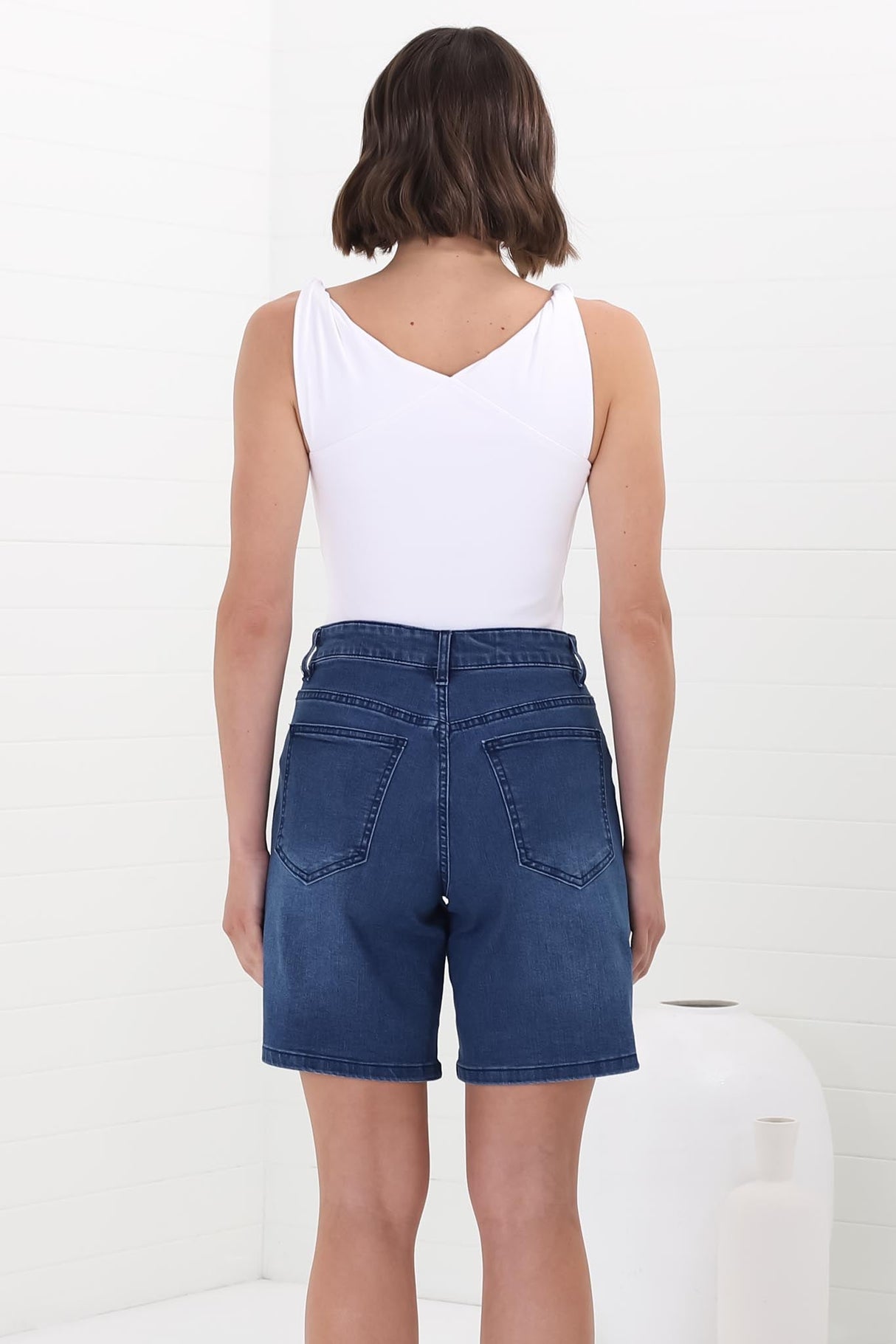 Murray Denim Shorts - High Waisted Stretchy Denim Shorts in Dark Denim