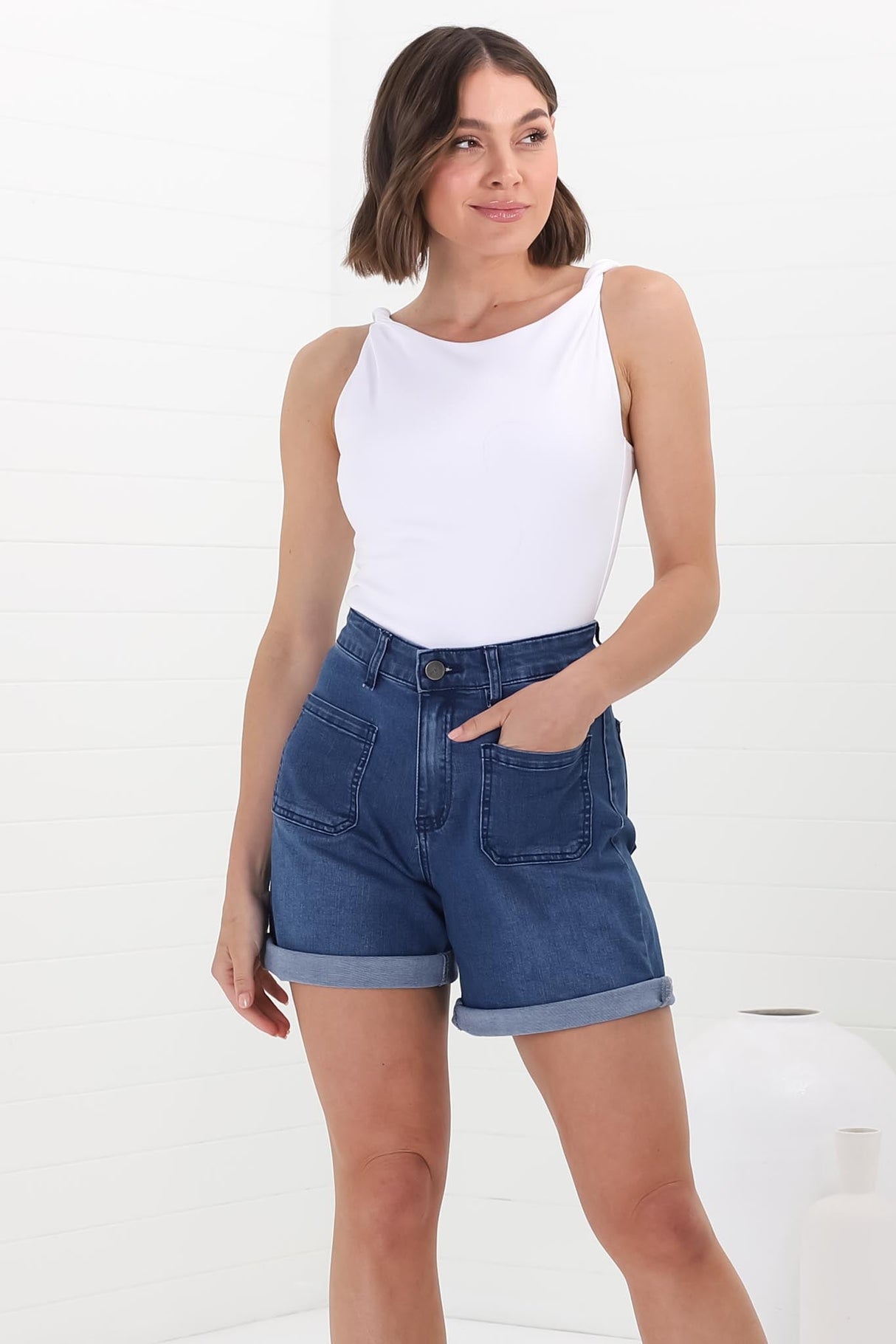 Murray Denim Shorts - High Waisted Stretchy Denim Shorts in Dark Denim