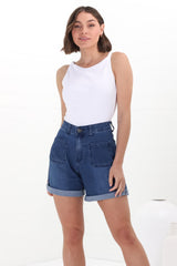 Murray Denim Shorts - High Waisted Stretchy Denim Shorts in Dark Denim