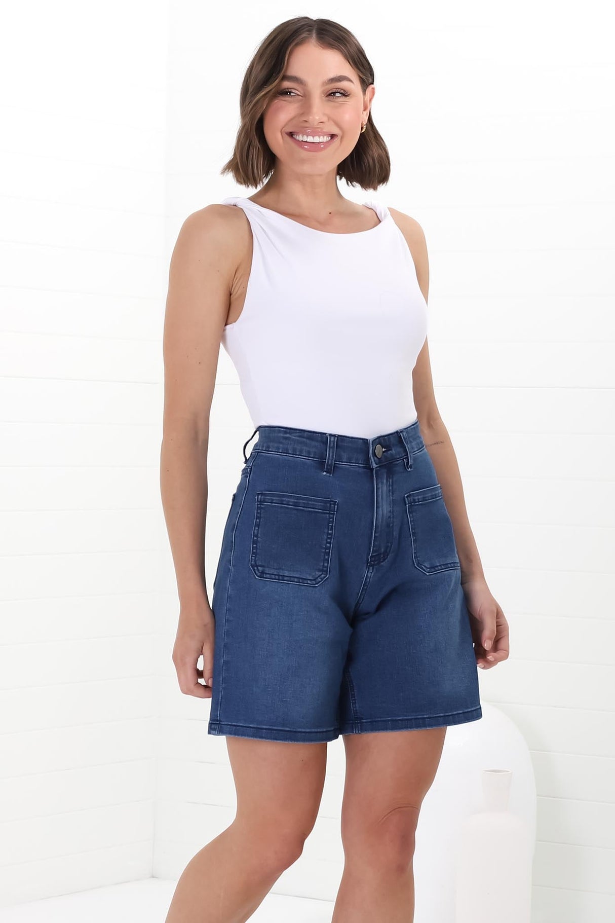 Murray Denim Shorts - High Waisted Stretchy Denim Shorts in Dark Denim