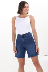 Murray Denim Shorts - High Waisted Stretchy Denim Shorts in Dark Denim