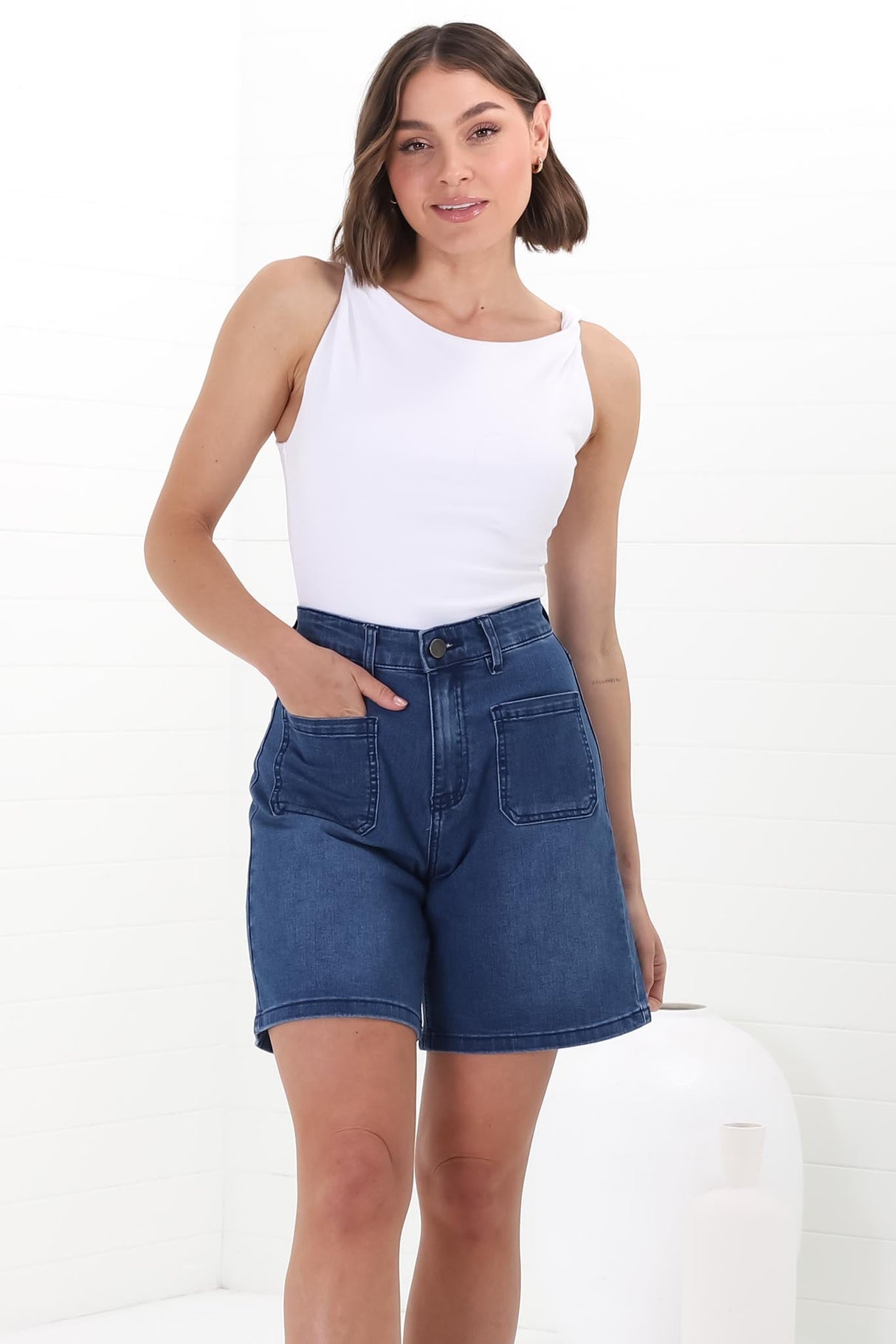 Murray Denim Shorts - High Waisted Stretchy Denim Shorts in Dark Denim