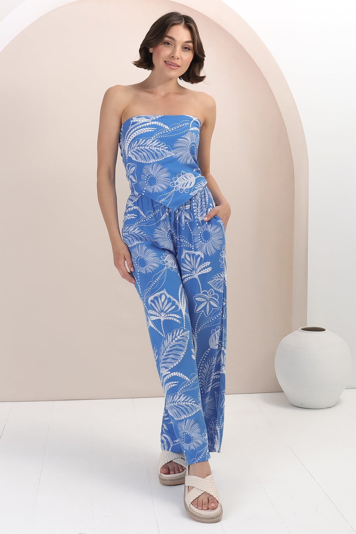 Mylee Set - Bandeau Crop & High-Waisted Pants in Havanna Print Blue