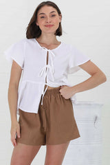 Mylo Shorts - Elasticated High Waist Linen/Cotton Blend Shorts in Brown