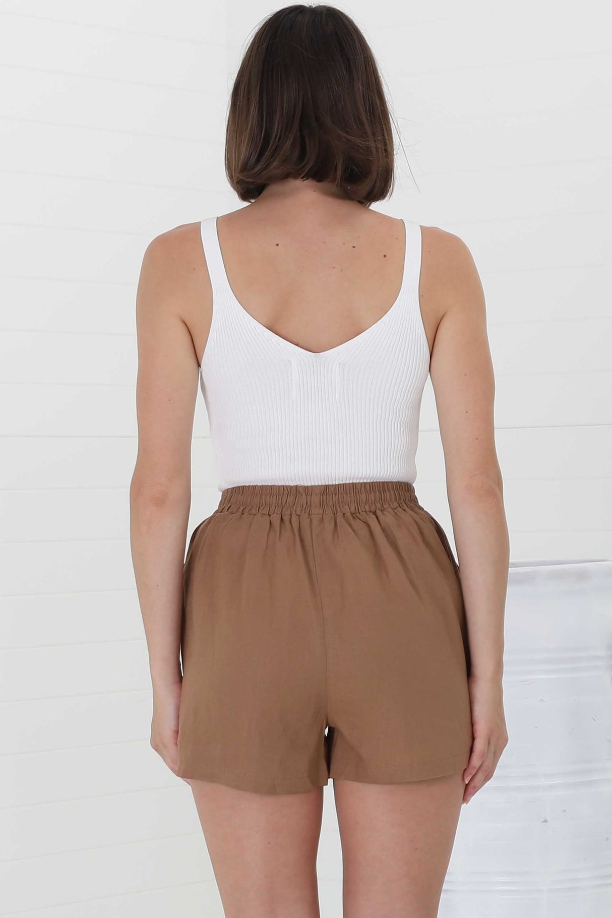 Mylo Shorts - Elasticated High Waist Linen/Cotton Blend Shorts in Brown