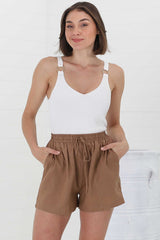 Mylo Shorts - Elasticated High Waist Linen/Cotton Blend Shorts in Brown