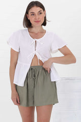 Mylo Shorts - Elasticated High Waist Linen/Cotton Blend Shorts in Khaki