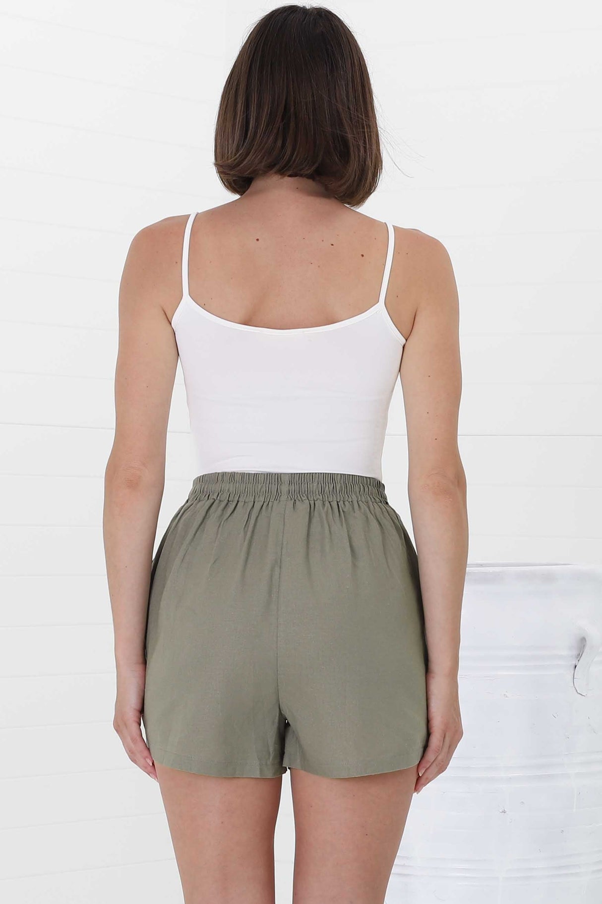 Mylo Shorts - Elasticated High Waist Linen/Cotton Blend Shorts in Khaki