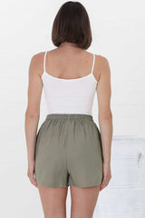 Mylo Shorts - Elasticated High Waist Linen/Cotton Blend Shorts in Khaki