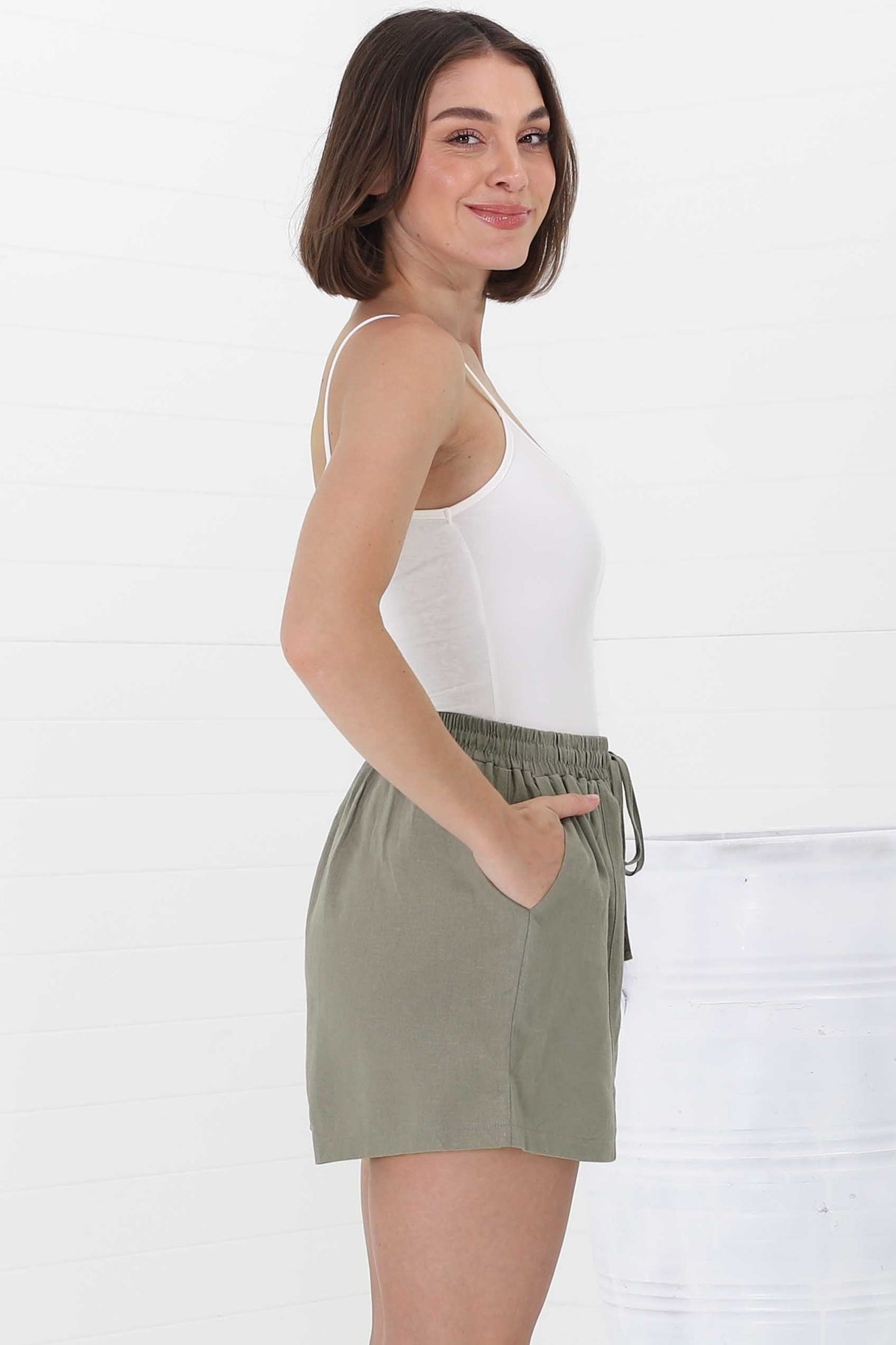 Mylo Shorts - Elasticated High Waist Linen/Cotton Blend Shorts in Khaki