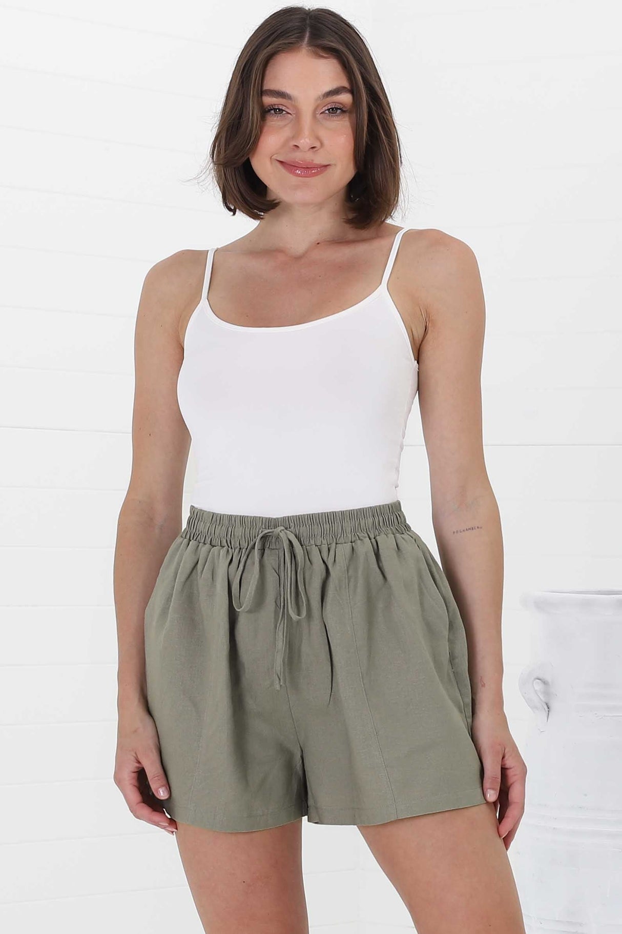 Mylo Shorts - Elasticated High Waist Linen/Cotton Blend Shorts in Khaki